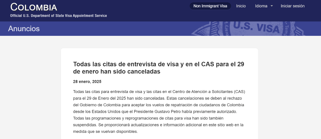 Este es el anuncio oficial de la embajada de Estados Unidos. / FOTO: CAPTURA DE PANTALLA