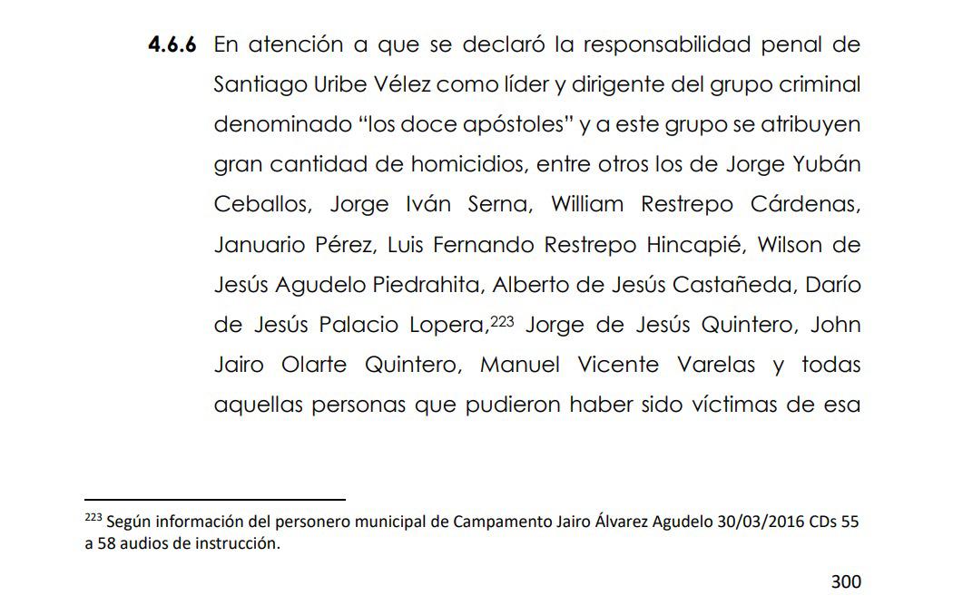 Sentencia en segunda instancia, Tribunal Superior de Antioquia. Sala Penal de Decisión. Página 300.