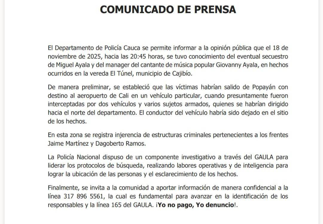 Boletín de prensa. <b><span class=mln_small-caps_mln>/ POLICÍA NACIONAL</span></b>