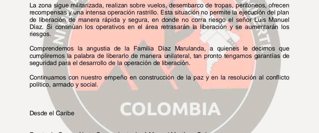 Este es el comunicado publicado por la guerrilla del Eln. /FOTO: CORTESÍA. 