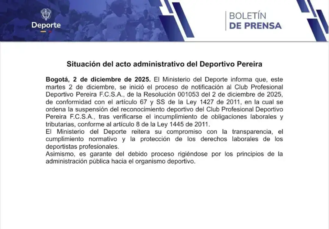 Comunicado Mindeporte sobre el Deportivo Pereira. FOTO: MINISTERIO DEL DEPORTE