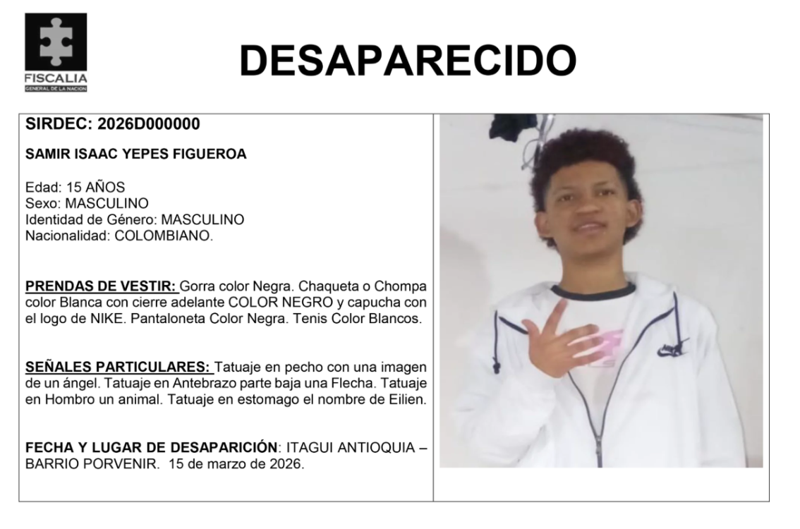 Con este cartel buscaban a Samir Isaac Yepes Figueroa después de haber desaparecido. FOTO: CORTESÍA