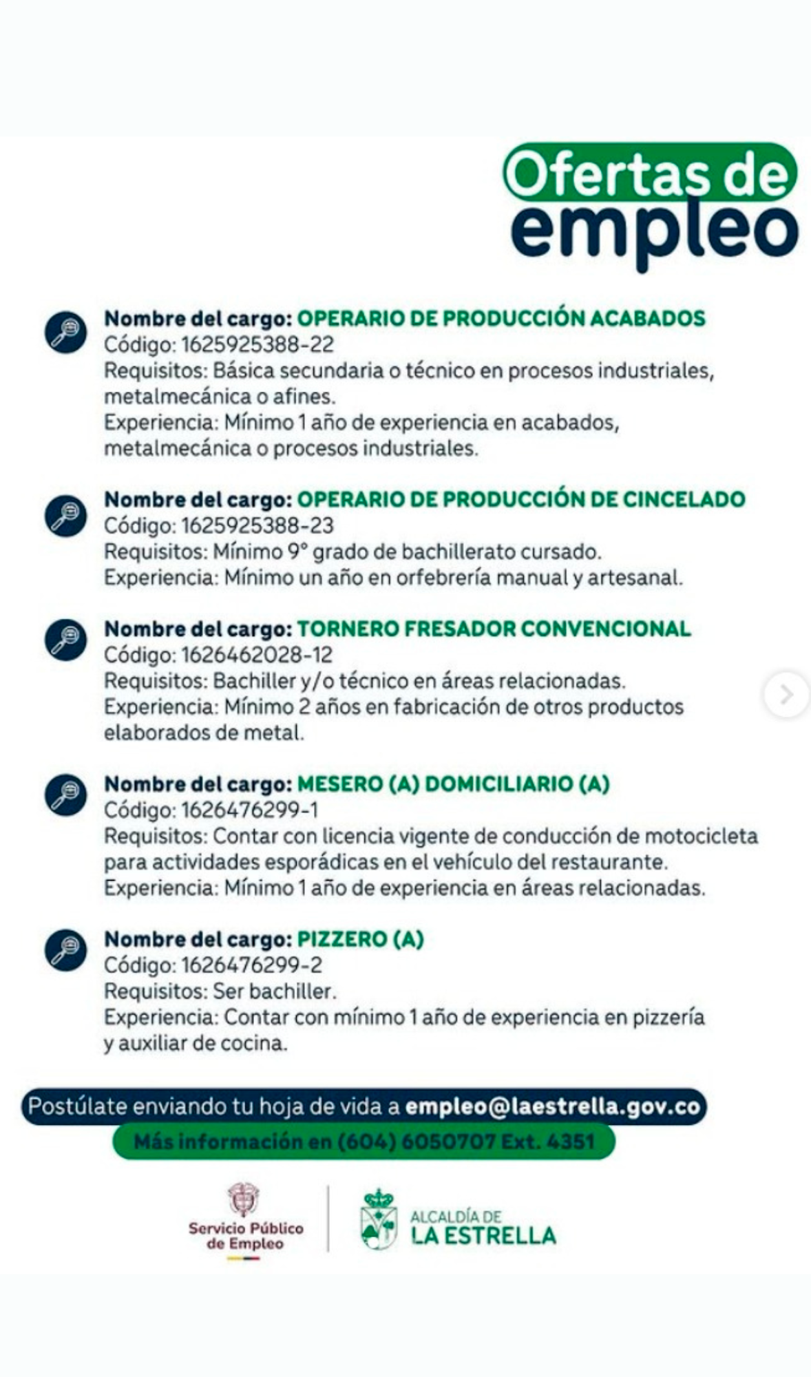 ¿Desempleado en La Estrella? Conozca 24 vacantes disponibles