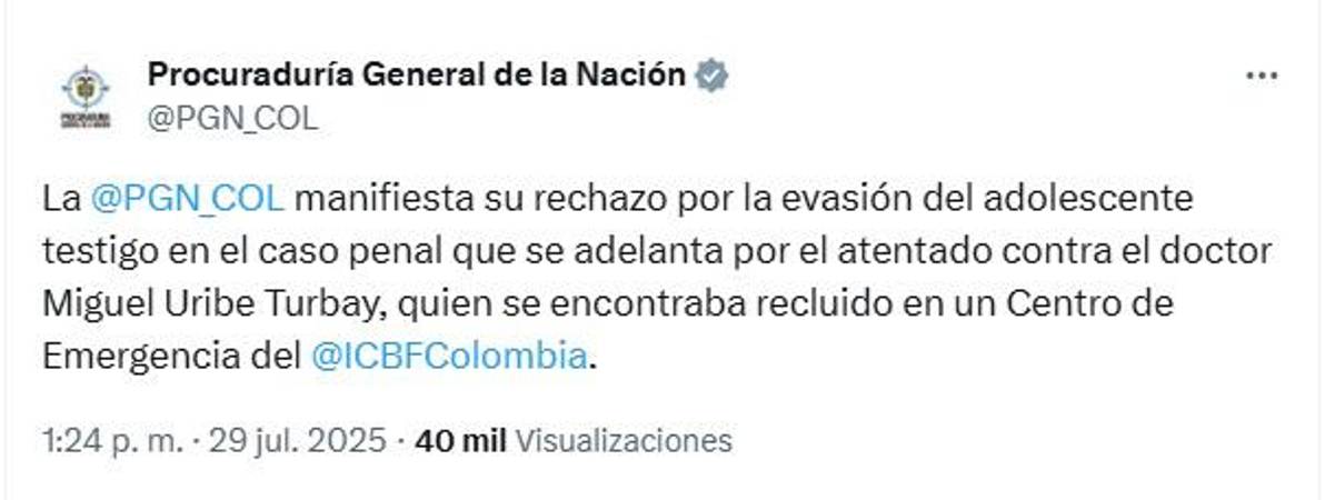 Investigan fuga de menor que se entregó por atentado de Miguel Uribe