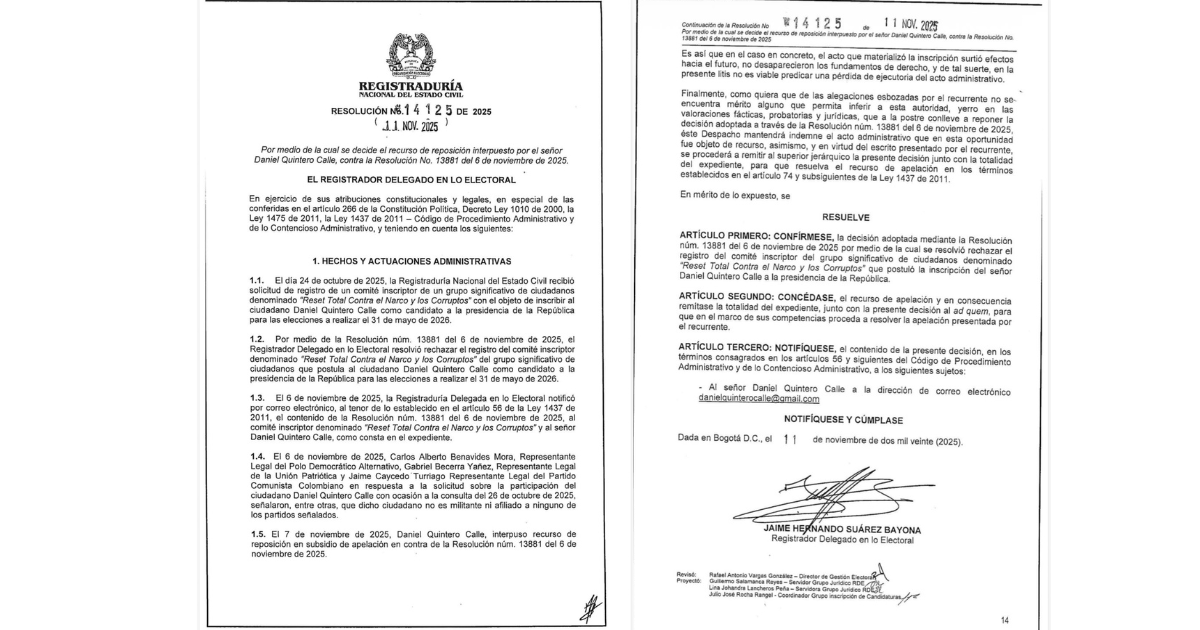 la resolución que confirma que Daniel Quintero no puede ser candidato por firmas