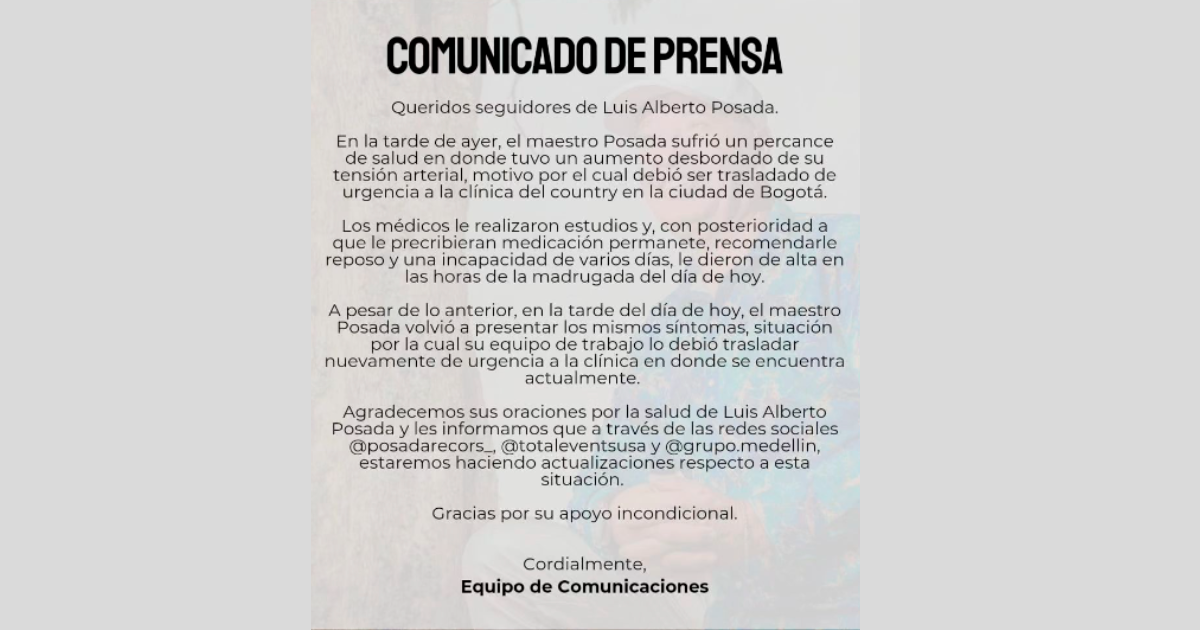 Luis Alberto Posada fue hospitalizado de urgencia en Bogotá y piden oraciones por su salud