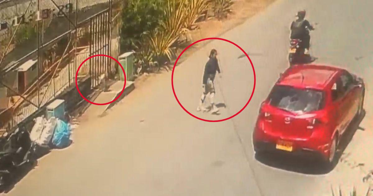 Este es el momento en que la mujer de camisa negra dejó abandonado el perrito y se subió al carro donde lo transportaba. FOTO: TOMA DE VIDEO