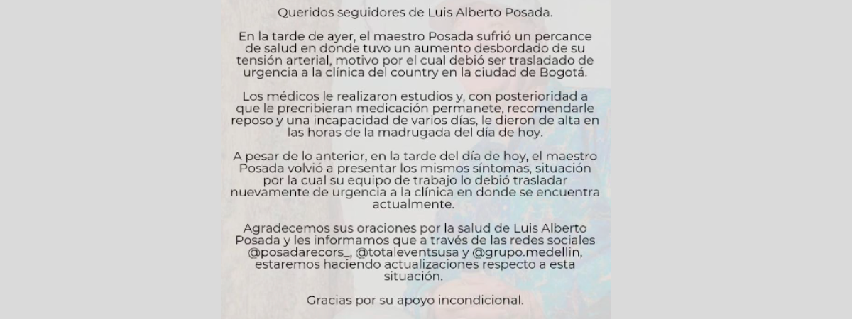 Luis Alberto Posada fue hospitalizado de urgencia en Bogotá y piden oraciones por su salud