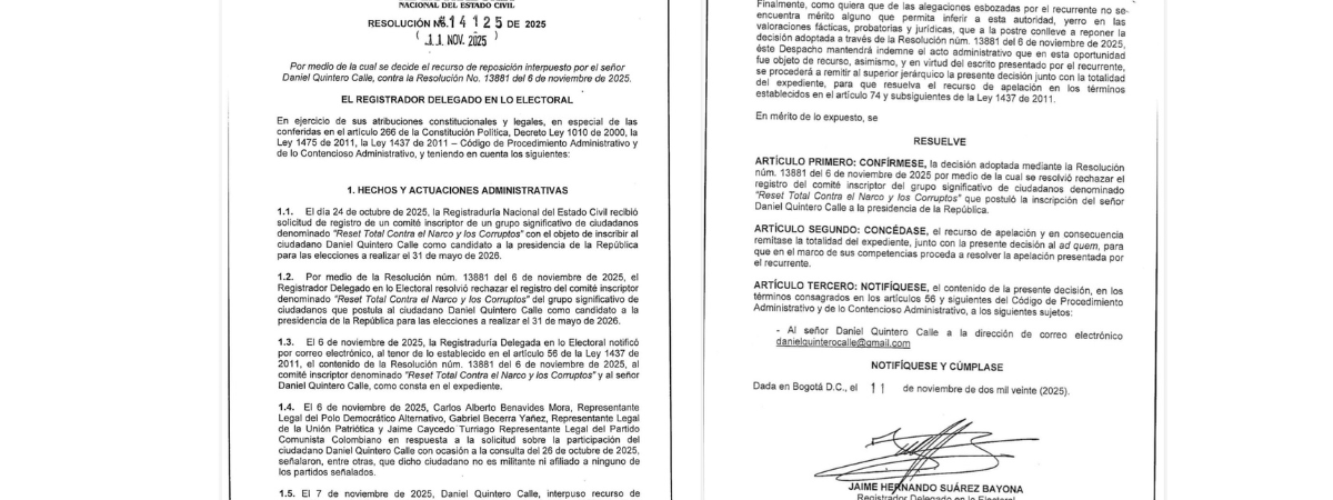 la resolución que confirma que Daniel Quintero no puede ser candidato por firmas