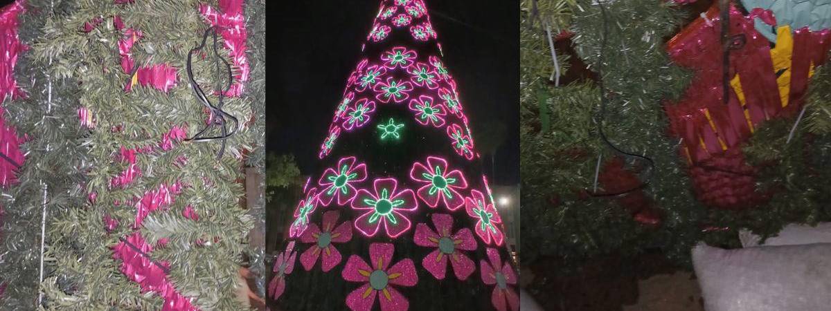 Del Árbol de Navidad de Plaza Botero, gemelo del que hay en el Paseo del Río, se robaron 65 metros de cable dúplex. FOTOS: CORTESÍA EPM