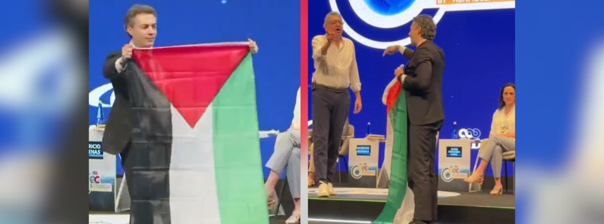 Daniel Quintero se presentó en congreso de la ANDI y expuso bandera de Palestina. /FOTOS: REDES SOCIALES