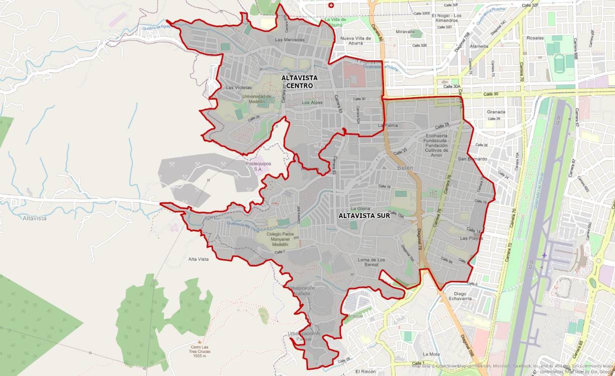 Sector de Belén y Altavista que tendrá cortes este fin de semana. FOTO: CORTESÍA EPM