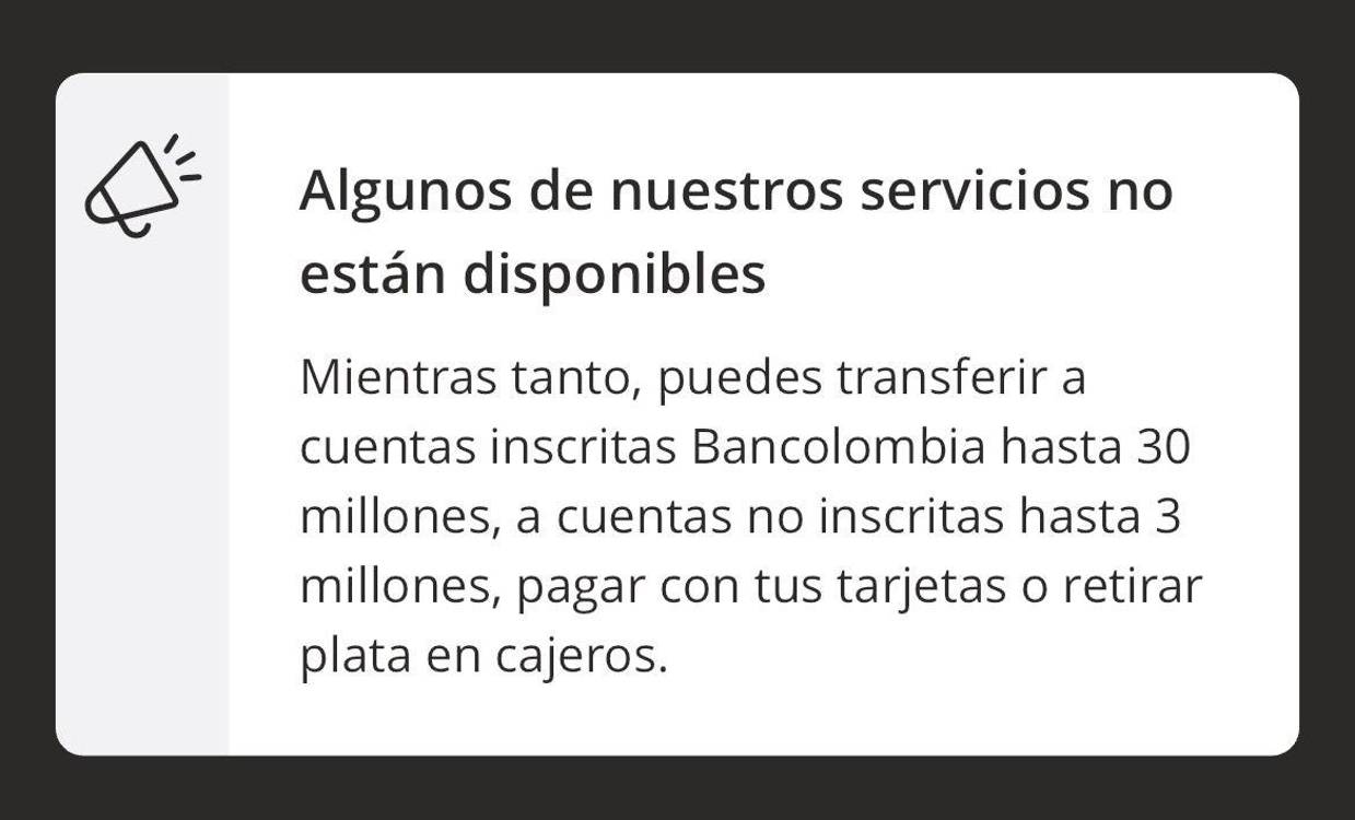 Mensaje al ingresar en la App de Bancolombia. FOTO: APP DE BANCOLOMBIA
