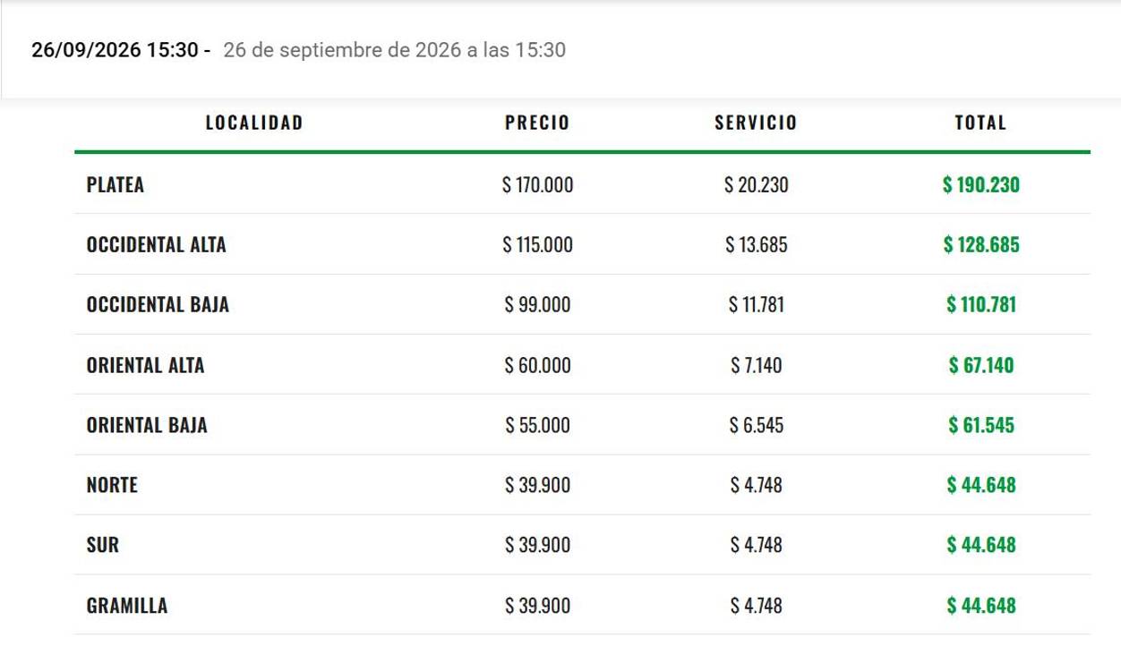 Así están los precios para el partido entre Nacional vs. Chapecoense. FOTO: TOMADA DE TRIBUNA VERDE