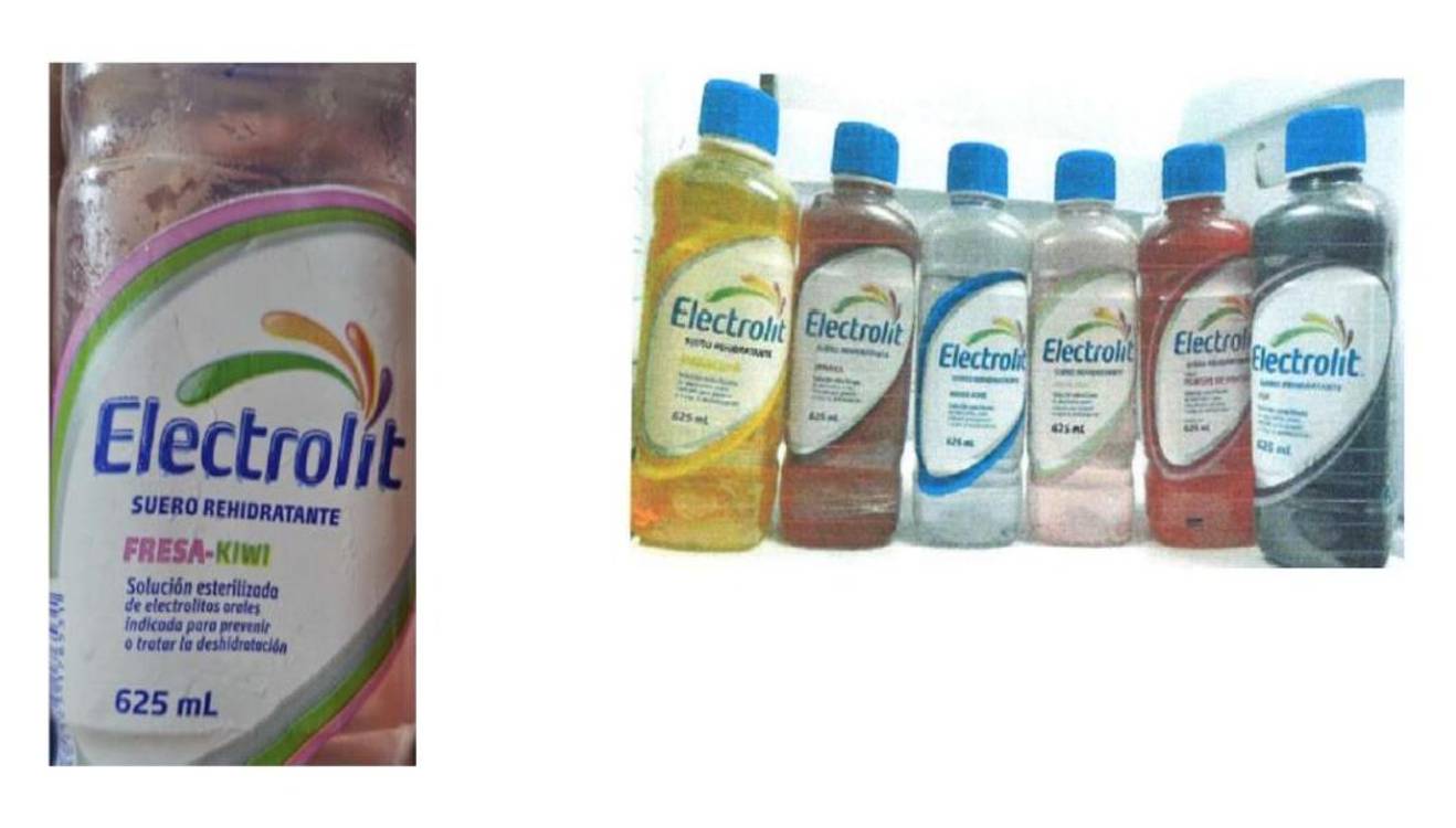 Así se ven las etiquetas y colores opacos del Electrolit adulterado. FOTO: CORTESÍA INVIMA