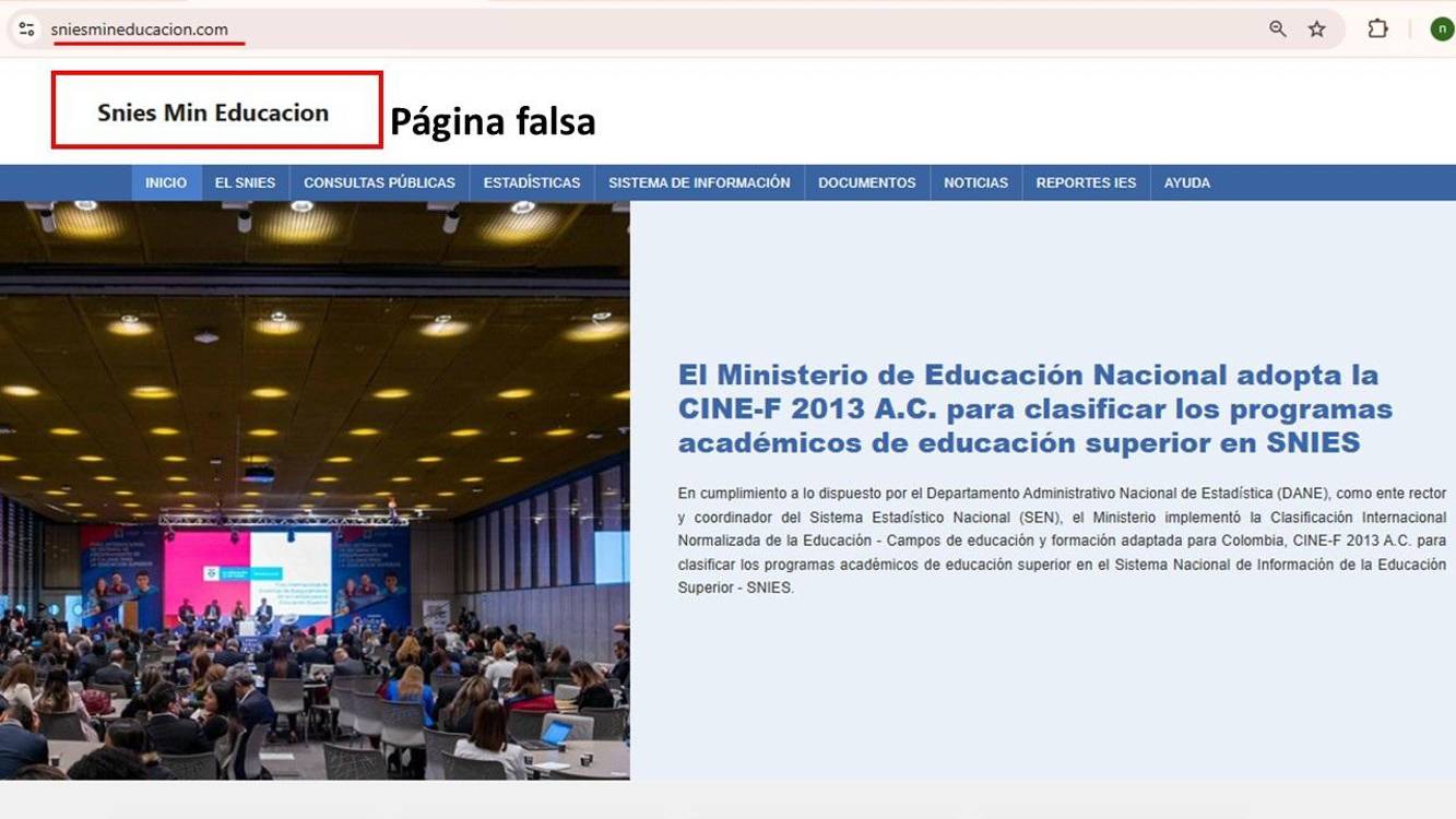 Página del Snies falsa. FOTO: CORTESÍA MINEDUCACIÓN