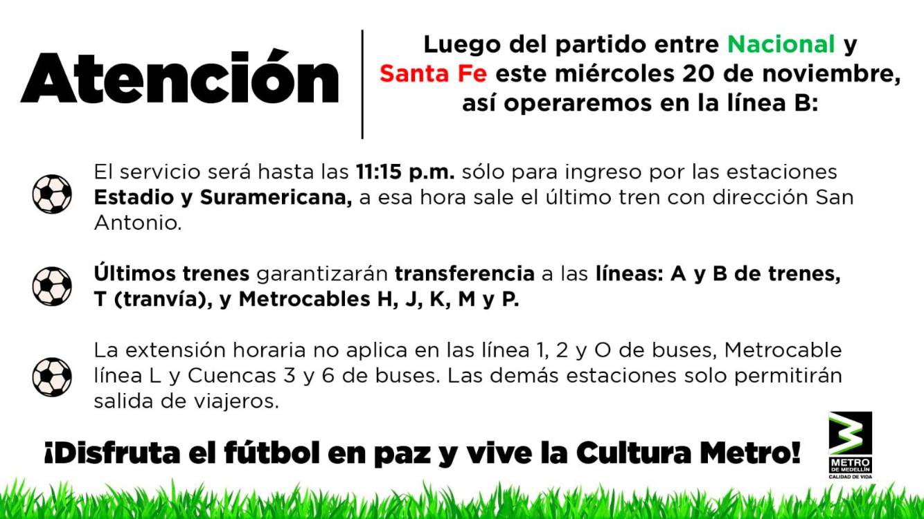$!El metro tendrá horario extendido esta noche por el partido Nacional vs. Santa Fe