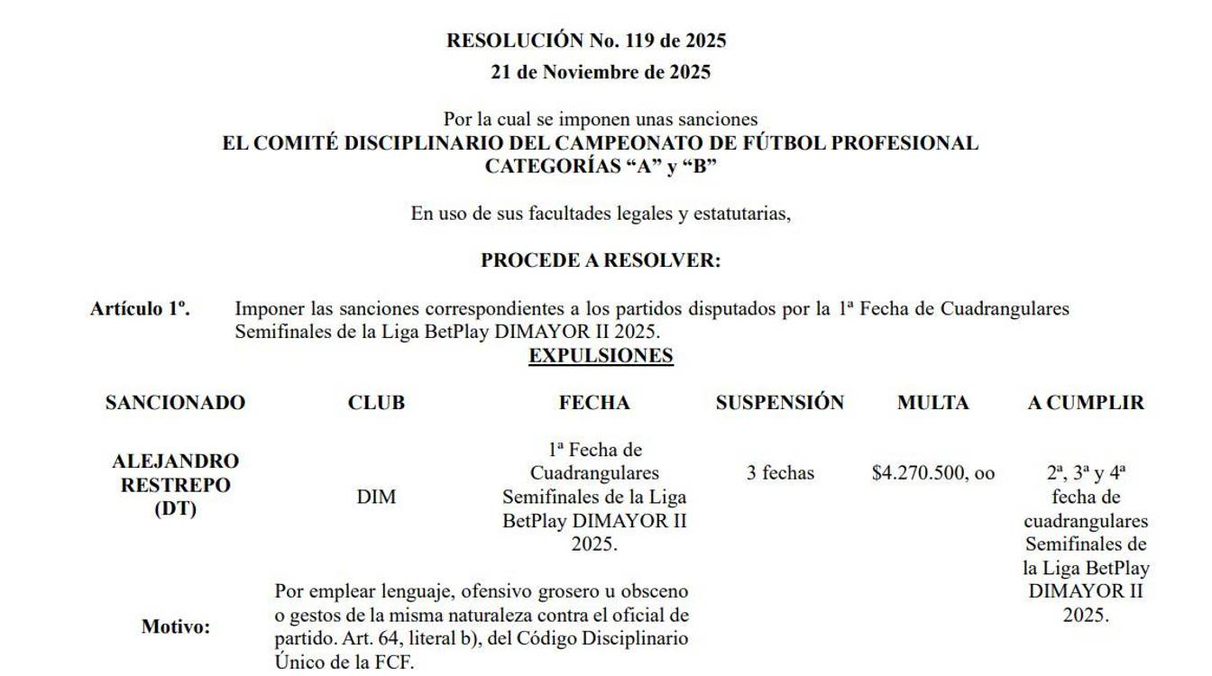 ¡Drástica! Alejandro Restrepo recibe dura sanción de la Dimayor