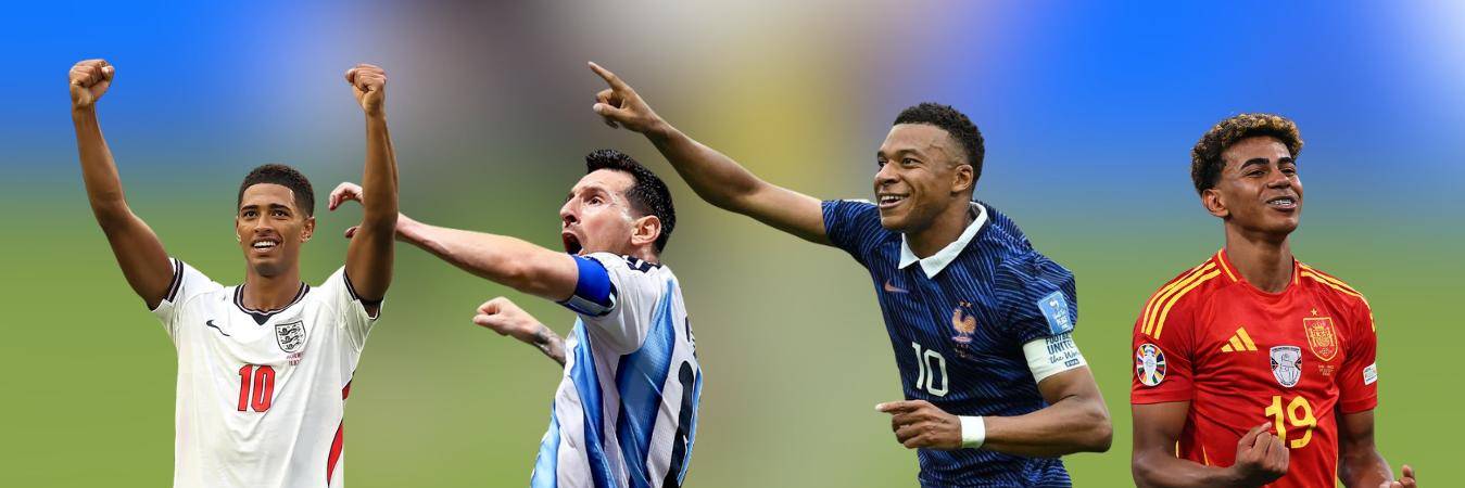 De izquierda a derecha: Jude Bellingham (Inglaterra), Lionel Messi (Argentina), Kylian Mbappé (Francia) y Lamine Yamal (España). FOTO: @JUDEBELLINGHAM, @KMBAPPE, @AFASELECCION, @LAMINEYAMAL