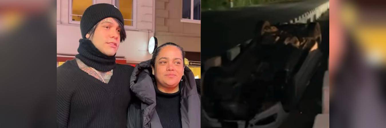 Izquierda: Yeferson Cossio y su mamá Luz Dary. A la derecha: como quedó el carro tras el accidente. FOTO: @YEFERSONCOSSIO