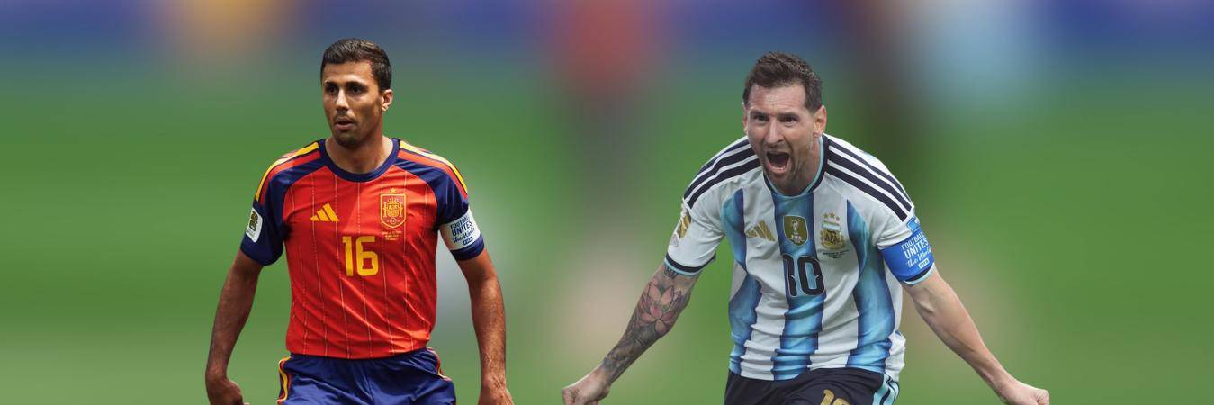 Rodrigo Hernández jugador español (izq.) y Leonel Messi, jugador argentino (der.). FOTO: @SEFUTBOL Y @LEOMESSI