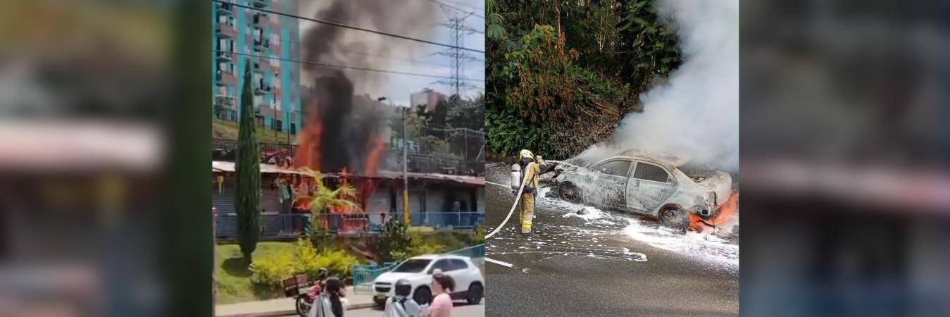 Incendio en La Aurora (izq.) y en la avenida Las Palmas (der.). FOTOS: CORTESÍA DENUNCIAS ANTIOQUIA
