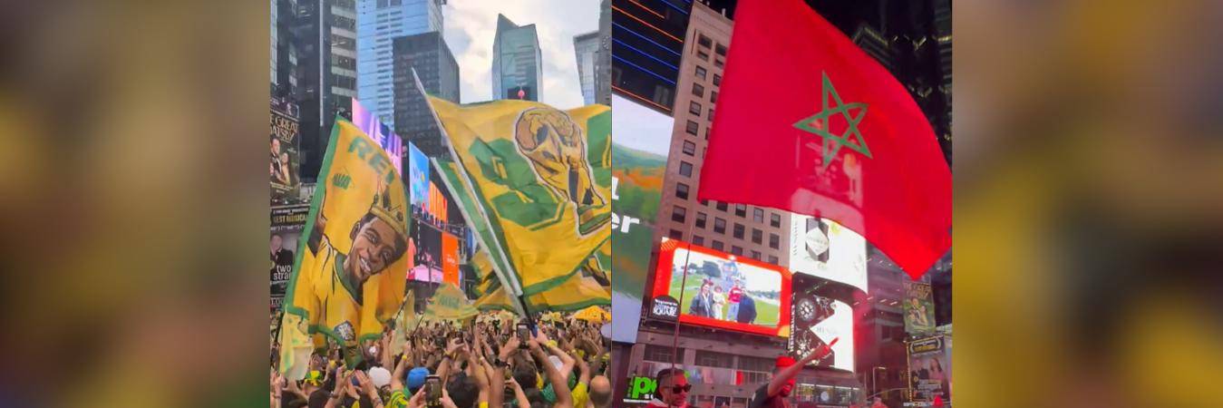 Brasileños y marroquíes armaron tremenda fiesta en Times Square, Estados Unidos, previo a su debut en el Mundial. FOTO: @JONATHANCRANE5 Y REDES SOCIALES