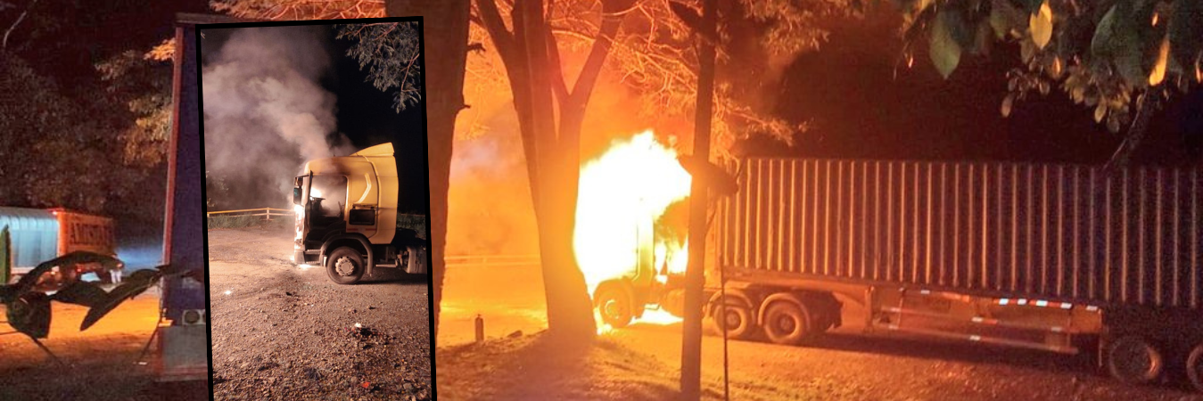 Incendio de vehículos de carga en Valdivia. /FOTOS: COLFECAR Y ATC