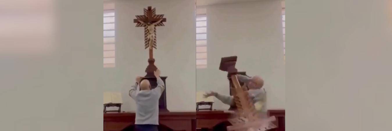 Este fue el momento en el que el Cristo le cayó encima al sacerdote. FOTOS: CAPTURAS DE VIDEO