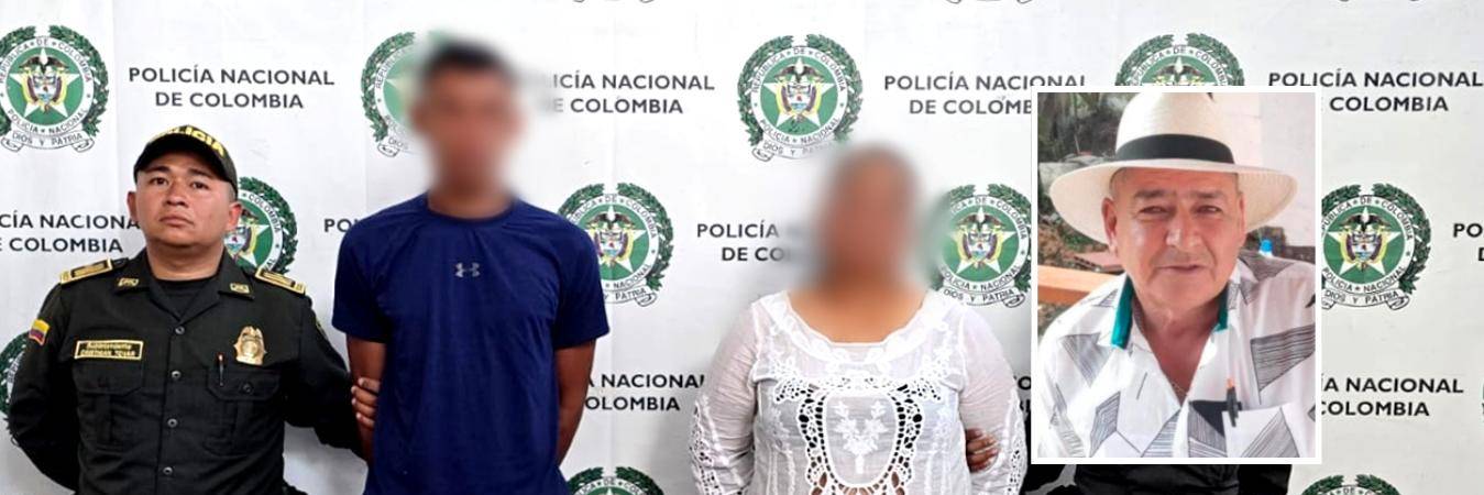 Los capturados alias Ojo Picho y alias la Costeña. En el recuadro, Darío de Jesús Vergara López, la víctima. FOTO: POLICÍA ANTIOQUIA Y CORTESÍA