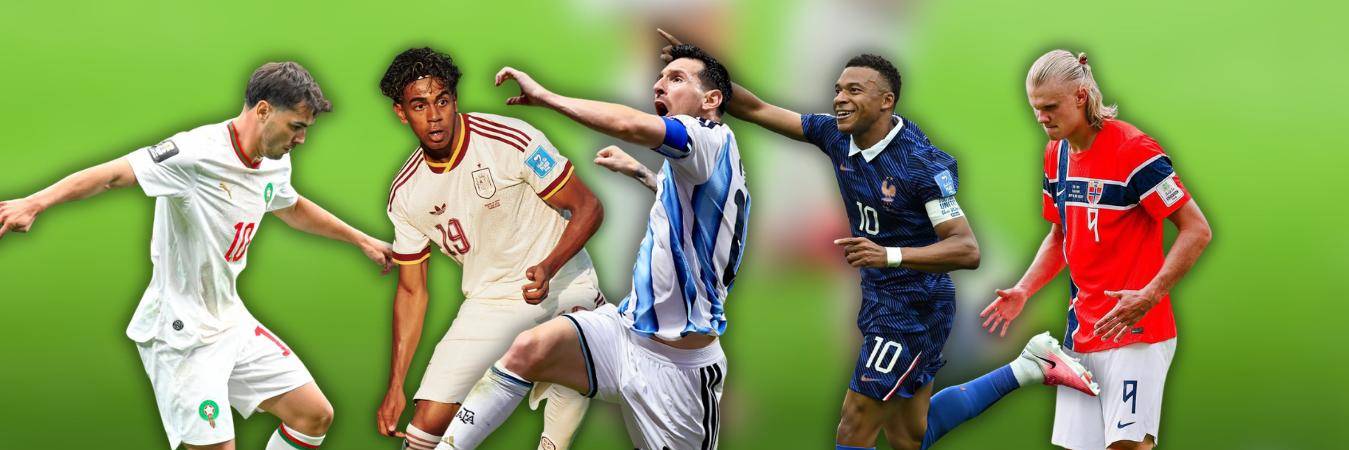 De izquierda a derecha: Brahim Díaz (Marruecos), Lamine Yamal (España), Lionel Messi (Argentina), Kylian Mbappé (Francia), Erling Haaland (Noruega). FOTOS: TOMADAS DE INSTAGRAM DE CADA SELECCIÓN