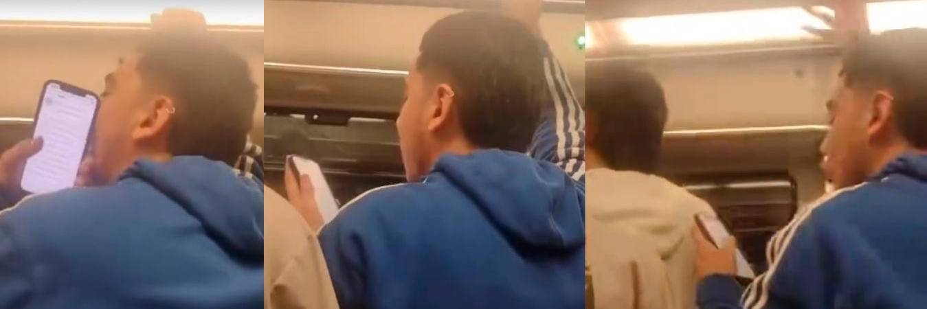 Los jóvenes haciendo la Novena de Aguinaldos en un vagón del metro. /FOTOS: CAPTURAS DE VIDEO-CORTESÍA 