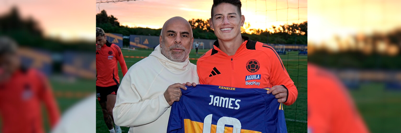 El exfutbolista Mauricio ‘Chicho’ Serna junto a James Rodríguez. /FOTO: X @BocaJrsOficial