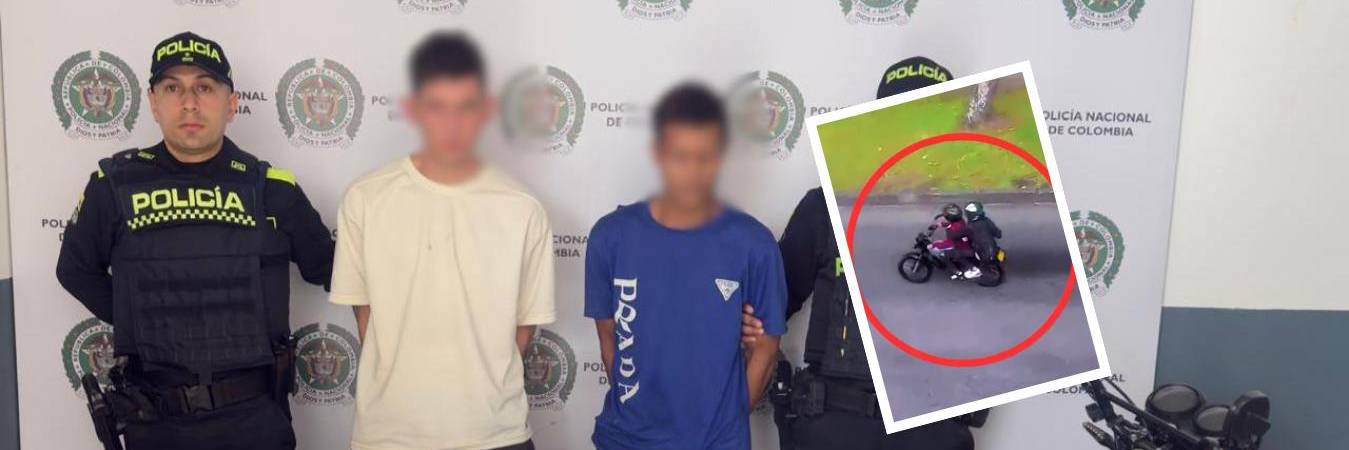 Los dos presuntos fleteros tras ser capturados en Medellín. FOTO: POLICÍA METROPOLITANA DEL VALLE DE ABURRÁ
