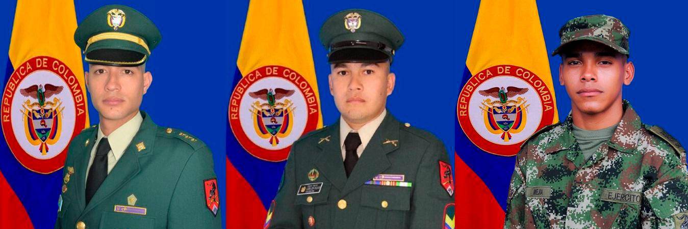 (De izq. a der.) Capitán Juan Pablo Herrera Mazo; sargento segundo Carlos Rojas Otavo; soldado Yoandris Mejía Mejía. /FOTOS: TOMADAS COLPRENSA Y BLU RADIO 