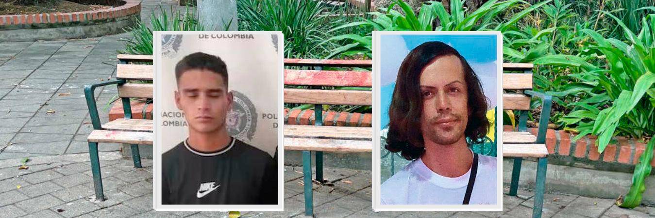 En esta banca del parque de Boston, Yohan Andrés (izq) participó del ataque en contra de Verónica (der). /FOTOS: CORTESÍA, ARCHIVO Y ANDRÉS FELIPE OSORIO GARCÍA.