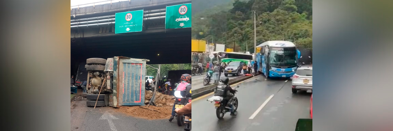 Volqueta se volcó en la Regional y dos buses se estrellaron en la Medellín-Bogotá. /FOTOS: CORTESÍA DENUNCIAS ANTIOQUIA. 