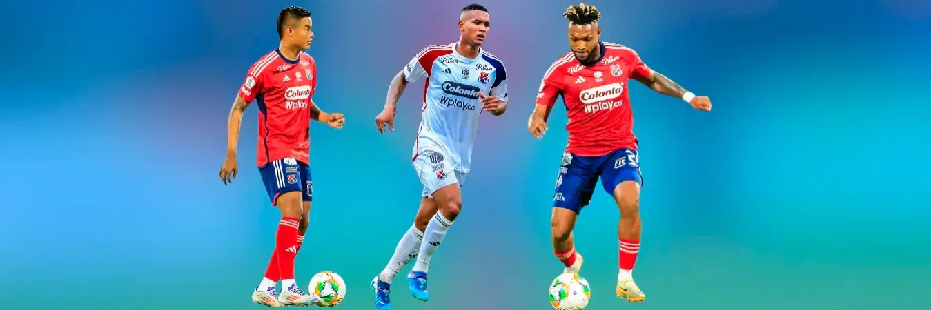 Luis Sandoval (izq.), Diego Moreno (centro) y Leyser Chaverra (der.) son los goleadores del DIM. / FOTO: CAMILO SUÁREZ Y JAIME PÉREZ