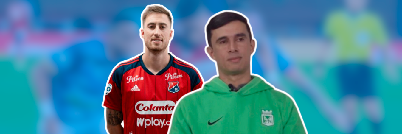 José Aja, jugador del DIM (izq.) y Jhon Bodmer (der.), técnico de Nacional. /FOTO: REDES SOCIALES 