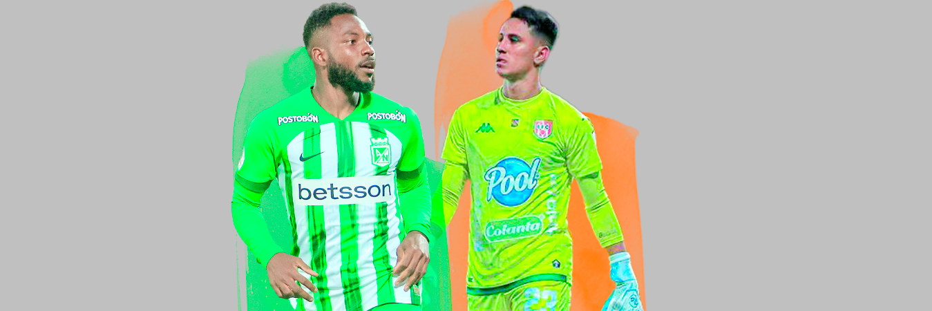 Álvaro Angulo, jugador de Nacional, y Joan Felipe Parra, arquero de Envigado.