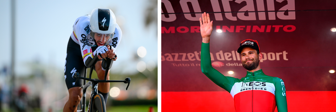 Daniel Martínez (izquierda) es el actual campeón colombiano de contrarreloj; con esta victoria Filippo Ganna (derecha) lleva en total siete en la historia del Giro. /FOTO: GETTY - INEOS