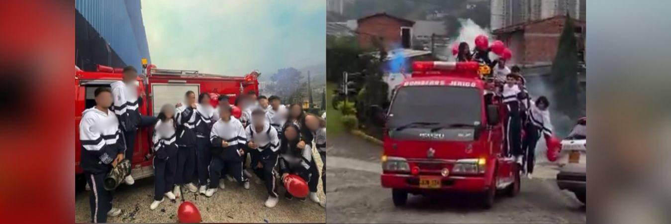 Carro de bomberos de Jericó fue usado en primer día de colegio de estudiantes en Sabaneta. FOTO: RED SOCIAL X @dicalaca18