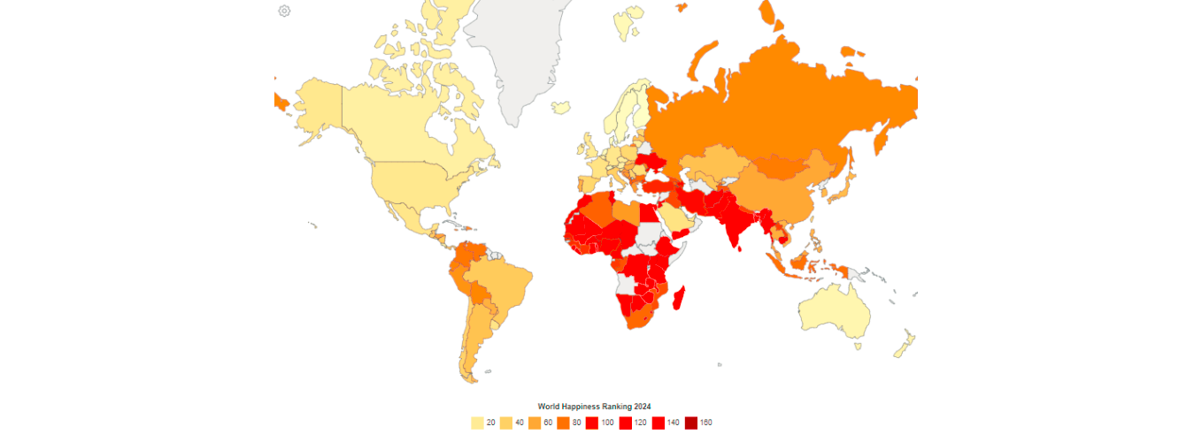 El mapa clasifica a los países por su nivel de felicidad. / FOTO: CAPTURA DE PANTALLA