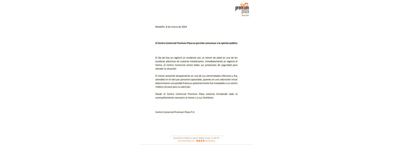 Comunicado del centro comercial luego del incidente. / FOTO: PREMIUM PLAZA