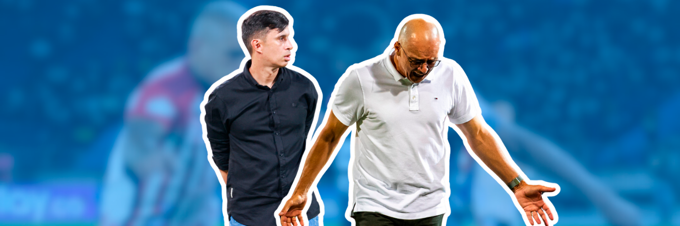 Jhon Jairo Bodmer (izq), técnico de Nacional y Alfredo Arias, timonel de Independiente Medellín. / /FOTOS: MANUEL SALDARRIAGA - CARLOS VELÁSQUEZ 