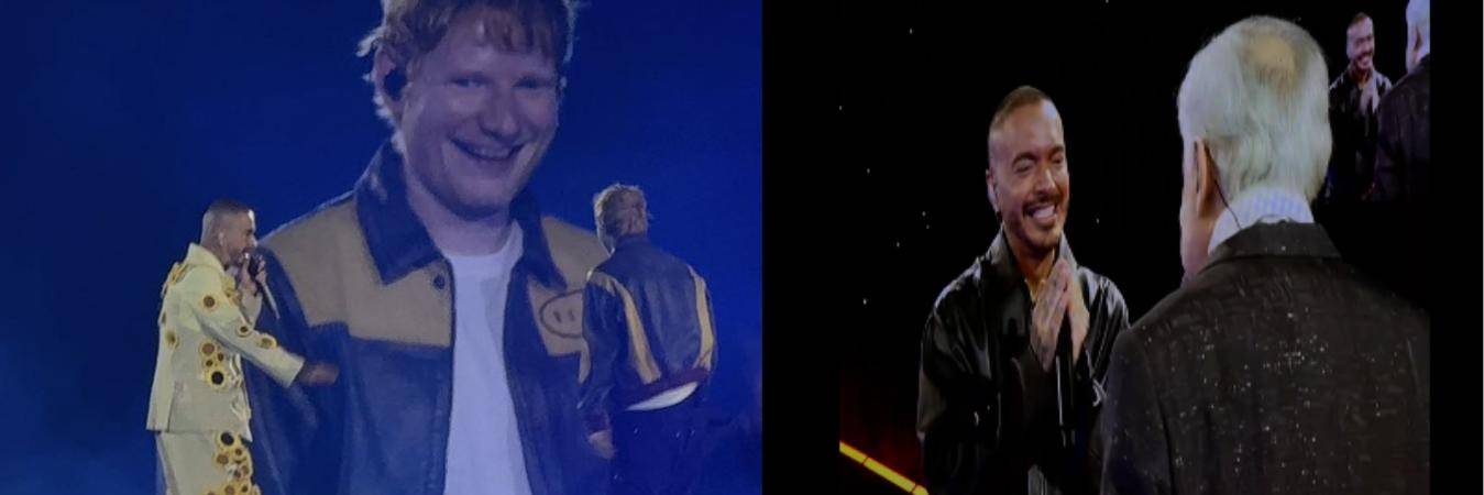 J Balvin y Ed Sheeran (izquierda), J Balvin y Jorge Barón (derecha). FOTO: D.R.A