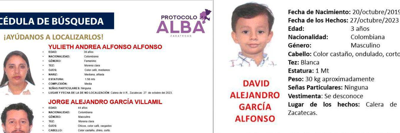 Esta es la ficha de búsqueda de los padres y el integrante más pequeño de la familia. /FOTOS: FISCALÍA DE ZACATECAS
