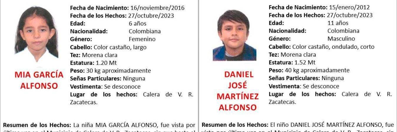 Ficha de búsqueda de los menores de 6 y 11 años desaparecidos. /FOTO: FISCALÍA DE ZACATECAS. 