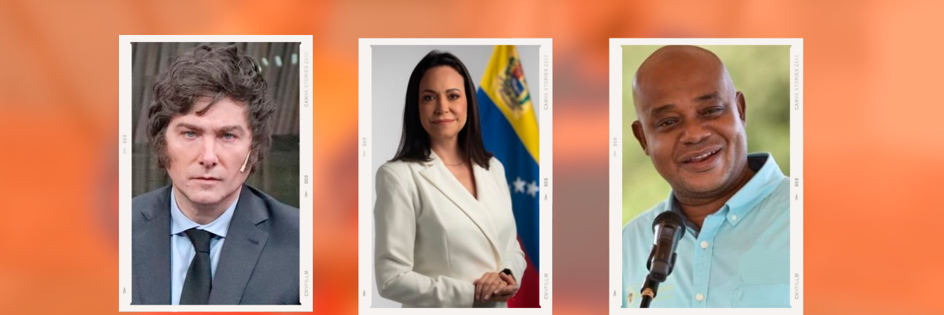 De izquierda a derecha: Javier Milei, presidente de Argentina; María Corina Machado, líder de la oposición venezolana; Luis Murillo, canciller de Colombia. /FOTOS: REDES SOCIALES