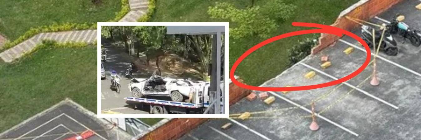 El carro rompió el muro y cayó al abismo en una unidad residencial de la Loma de Los Bernal. FOTO: CORTESÍA